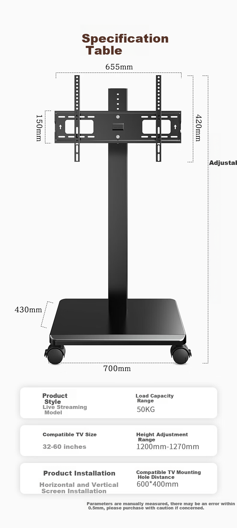 Geer 32-60 Inch Mobile TV Stand Video Conference LCD Screen Universal Floor Cart Rotatable Horizontal and Vertical Mount Floor Stand 10