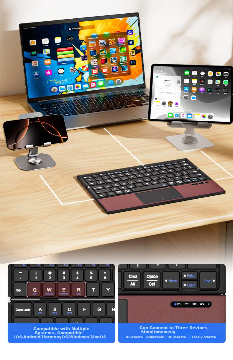 Kustar Tri-Fold Bluetooth Keyboard Wireless Mini Portable Pocket Compatible with Huawei Lenovo Honor OPPO Apple iPad Xiaomi Vivo Samsung Phones Tablets Red 12