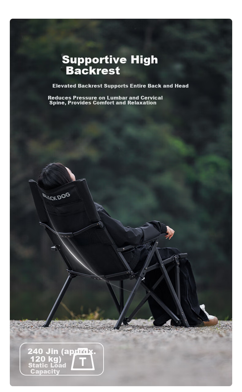 Black Dog Aluminum Alloy High-Back Folding Recliner Chair Leisure Picnic Fishing Stool Portable Camping Chair Night Black 5