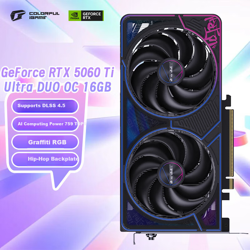 Colorful IGame GeForce RTX 5060 Ti Ultra DUO OC 16GB GDDR7 DLSS 4.5 Gaming Graphics Card for E-Sports, Ray Tracing, And Game Desig