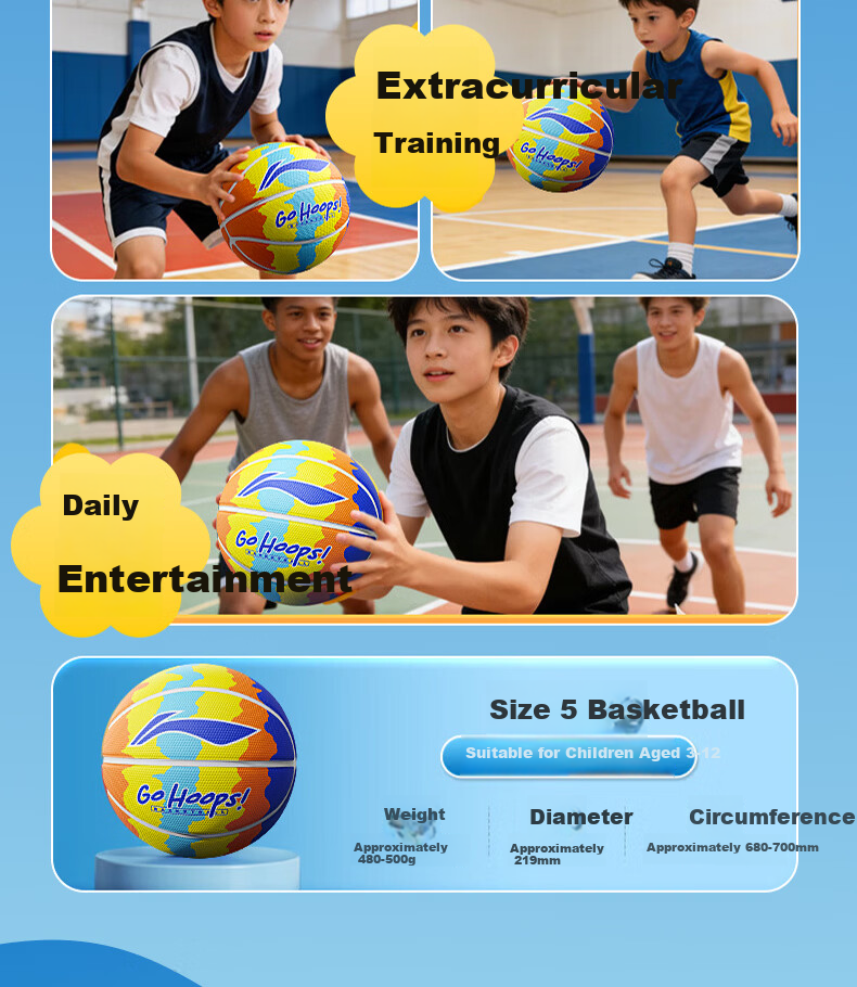 Li-Ning Basketball Kids 5-Size Ball for Ages 6-12, Indoor and Outdoor Professional Training and Competition for Elementary and Kindergarten Children Ages 3-6 8