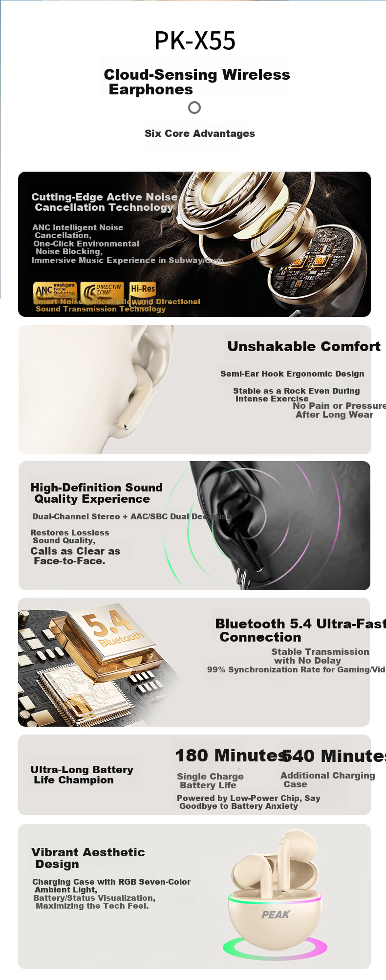 PEAK Active Noise Cancelling Bluetooth Wireless Sports In-Ear Earphones 2026 New Model Compatible with Apple Huawei 1