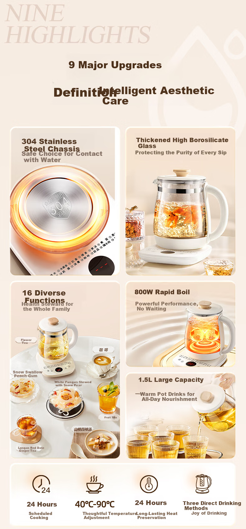 AUX 1.5L Automatic Health Pot Electric Tea Kettle 24H Reservation Multi-Function Smart Temperature Control Flower Tea Maker with 316 Base 3