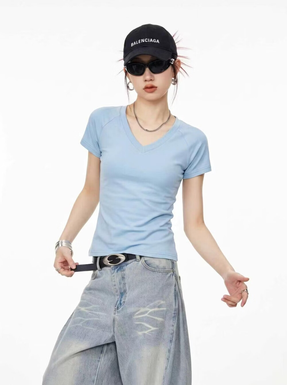 ICH MODE American Slim Fit V-Neck Shoulder Short Sleeve T-Shirt Women Summer New Slim Short Hot Girl Half Sleeve Top Dark Gray M 11