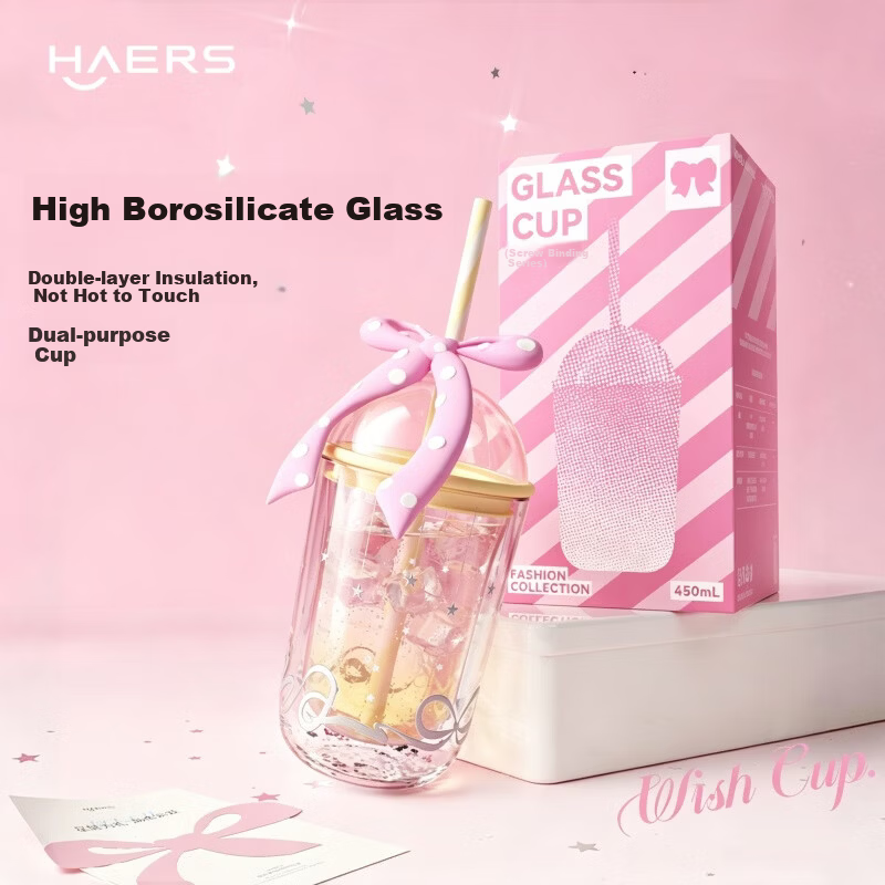 HAERS Double-Layer Bowknot Glass Cup High-Value Desktop Water Cup Girls Straw Cup (Yellow) 450ml