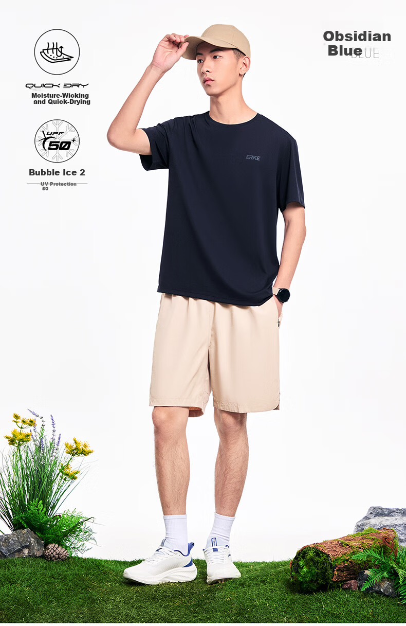 Erke Men's Summer New UPF50+ Sun Protection Sports Outdoor Casual Crew Neck Short Sleeve Solid Color T-Shirt 19