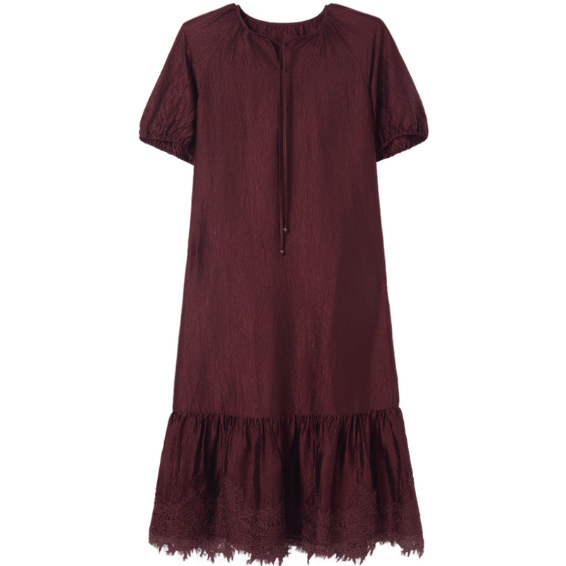 Demana Wrinkled Acetate Summer Vacation Style Tassel V-Neck Lace Splice Loose Mid-Length Women's Dress