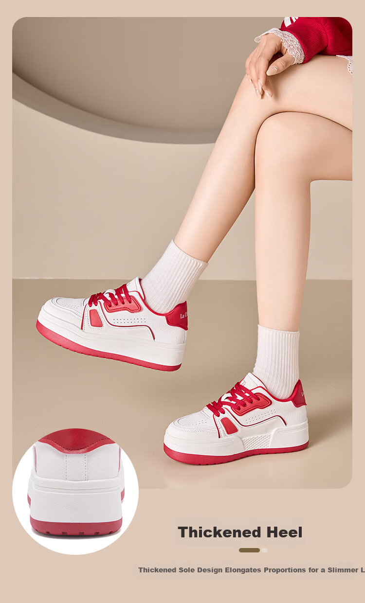 La Chapelle Women's Retro Thick-Soled Casual Sneakers Height-Increasing Versatile Sports White Shoes 655 Red Size 35 4