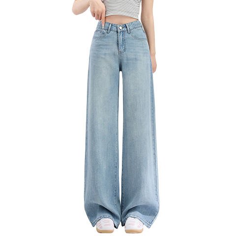 Rommon Tencel 100% Lyocell Denim Jeans Women Summer Draped Loose Ice Silk Slim Wide-Leg Pants Light Blue L