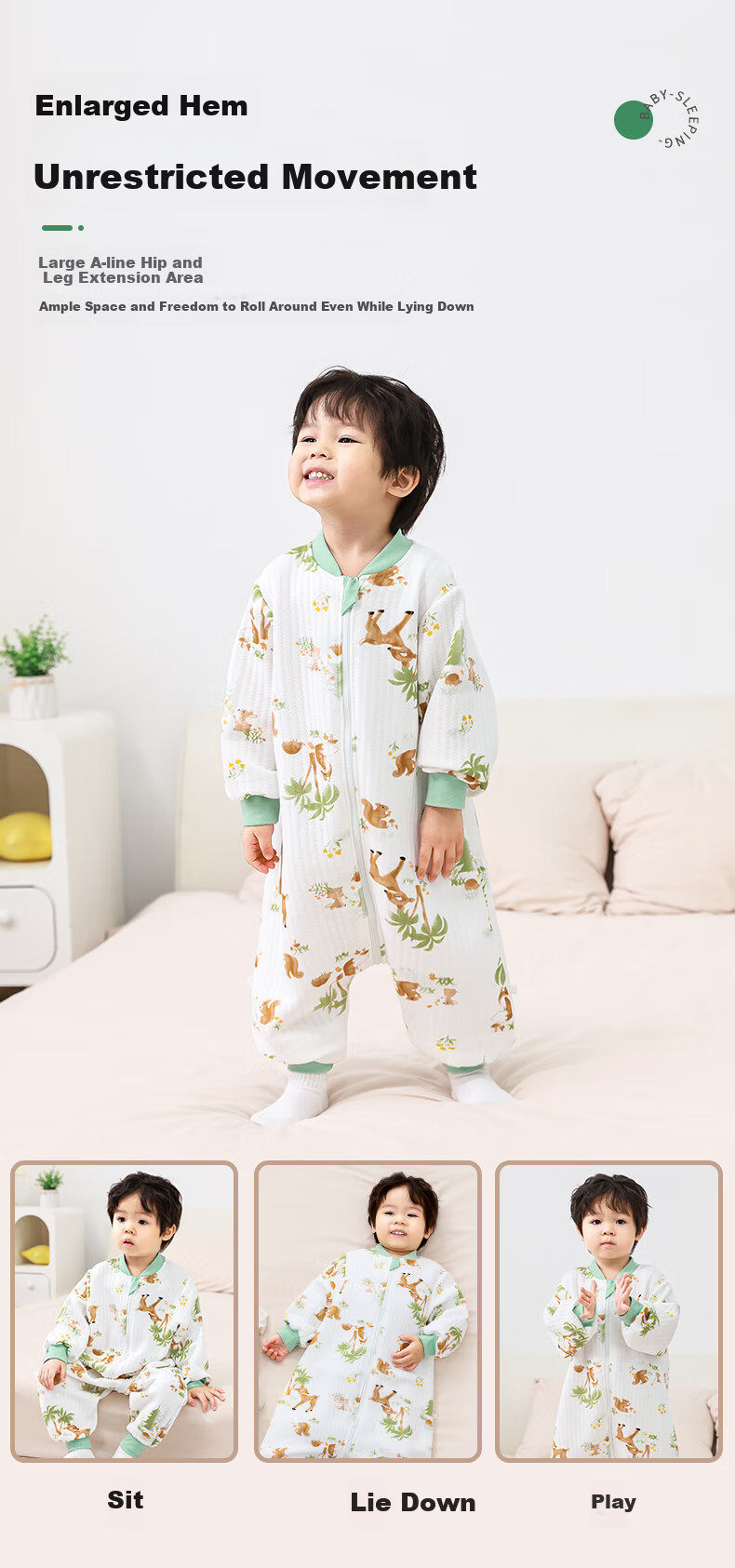 Baby Sleeping Bag Spring and Summer Children's Anti-Kick Bamboo Cotton Air Layer Leg-Separated Sleep Sack Deer Pattern Size 80 6