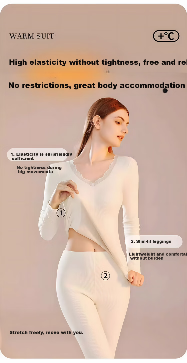 Tingmei Women's Thermal Underwear with Built-in Chest Pad, One-piece Bra-free Patch, Autumn Winter Fleece Thickened Body Shaping Set 8