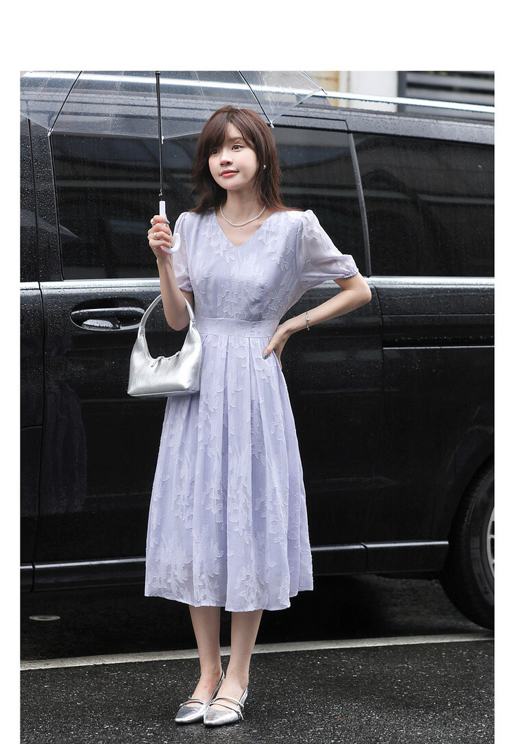 Mt [Mosang Ziyuan] Summer Elegant Socialite V-Neck Textured Jacquard Lightweight Waist-Cinching A-Line Women's Dress 2
