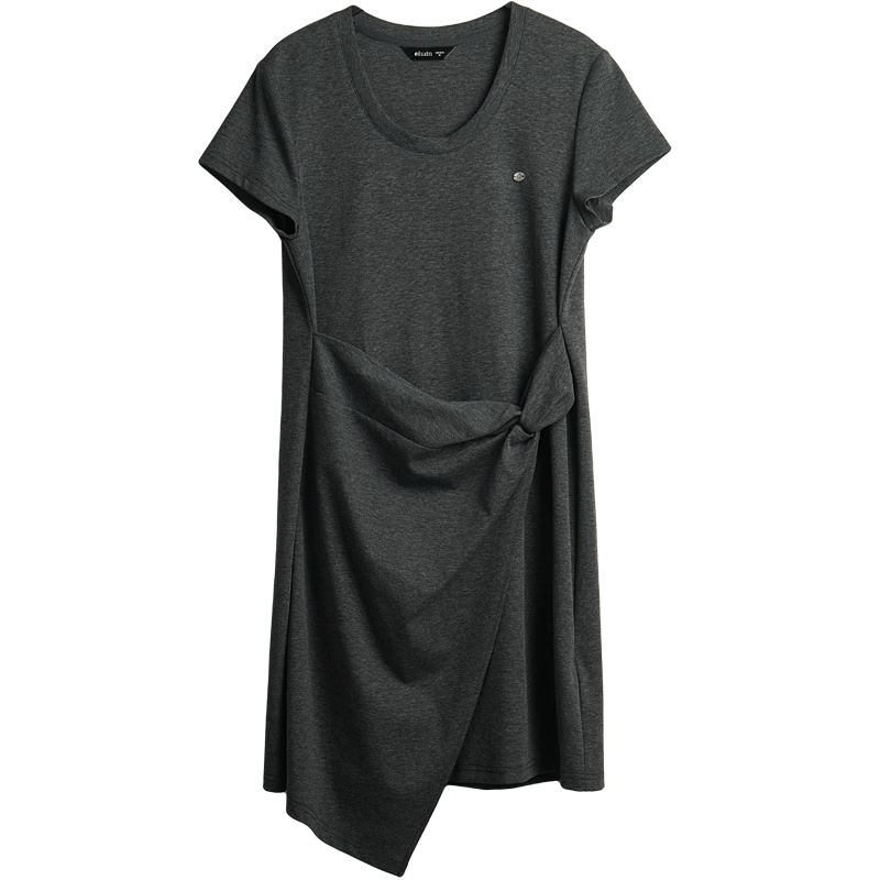 Olrain Knot Waist Slimming Dress Women's Summer Round Neck Fashion Versatile Short Sleeve Dress Gray M