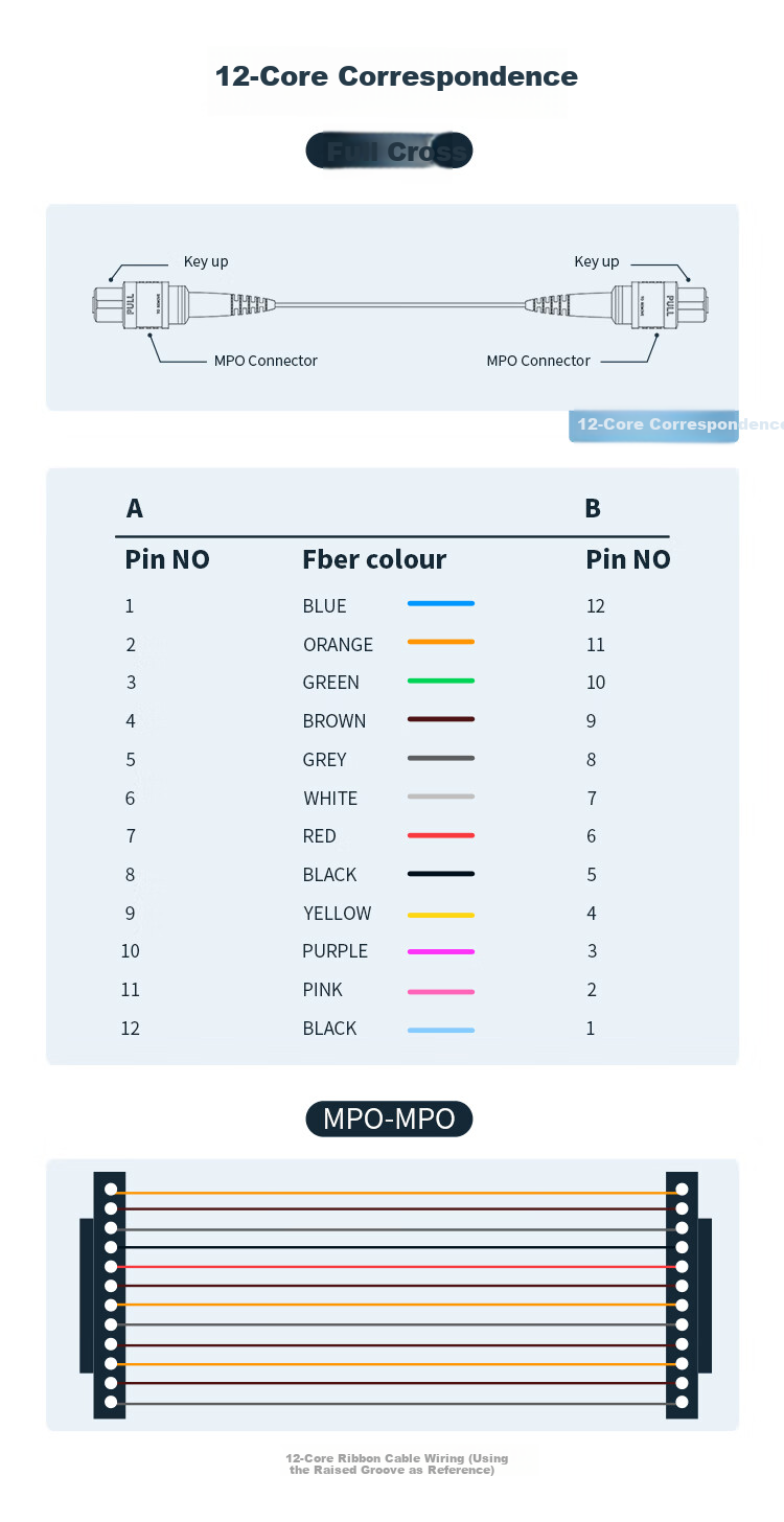 12-Core MPO-MPO Fiber Optic Patch Cord Female B Polarity Compatible MTP OM3 Multimode 10G/40G/100G Optical Module Bundle Fiber Cable 3m Q3-PP1203 3