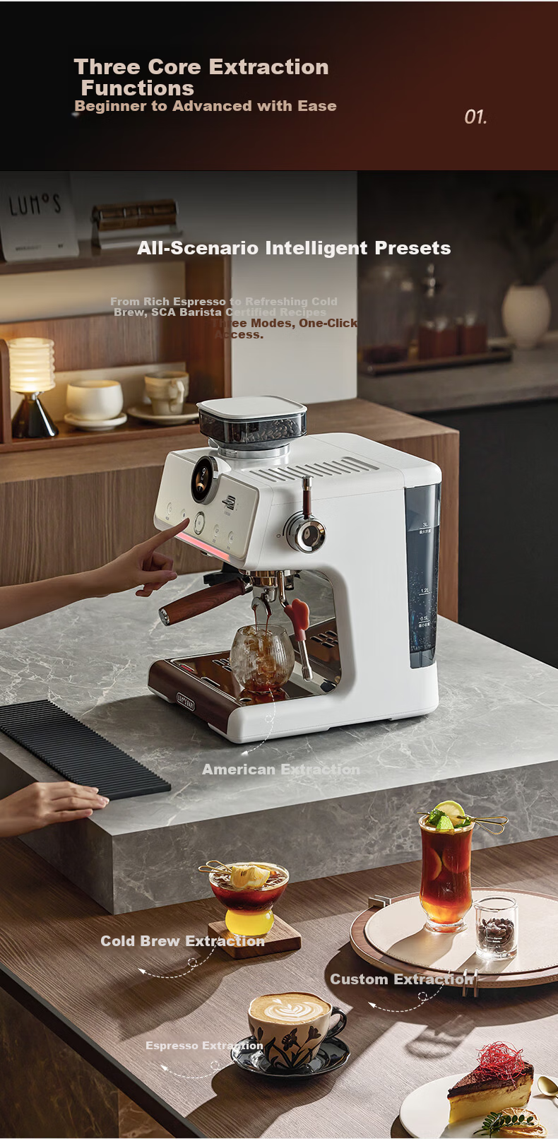 Lumo Cloud Eye Hot and Cold Dual Extraction Coffee Machine Home Mike Small Smart LCD Screen Dual Heating Semi-Automatic Italian Grinder Integrated Milk Frother Espresso Americano Coffee Maker 3
