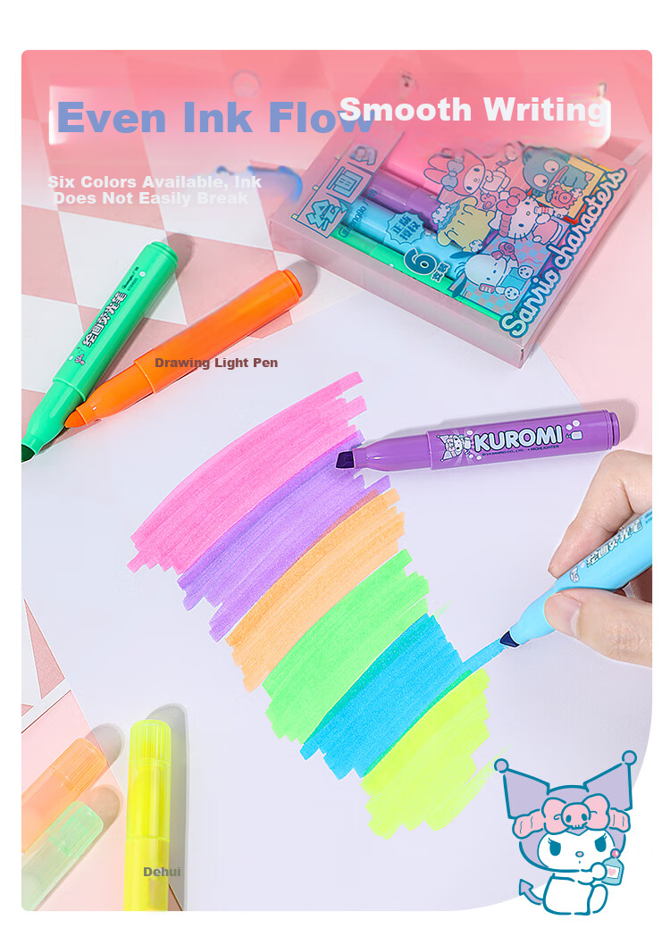 GuangBo & Sanrio Large Capacity Highlighter Pens, 6 Colors, Student Note-Taking Markers, Journaling Pens, Doodle Pencils, KT84591 4