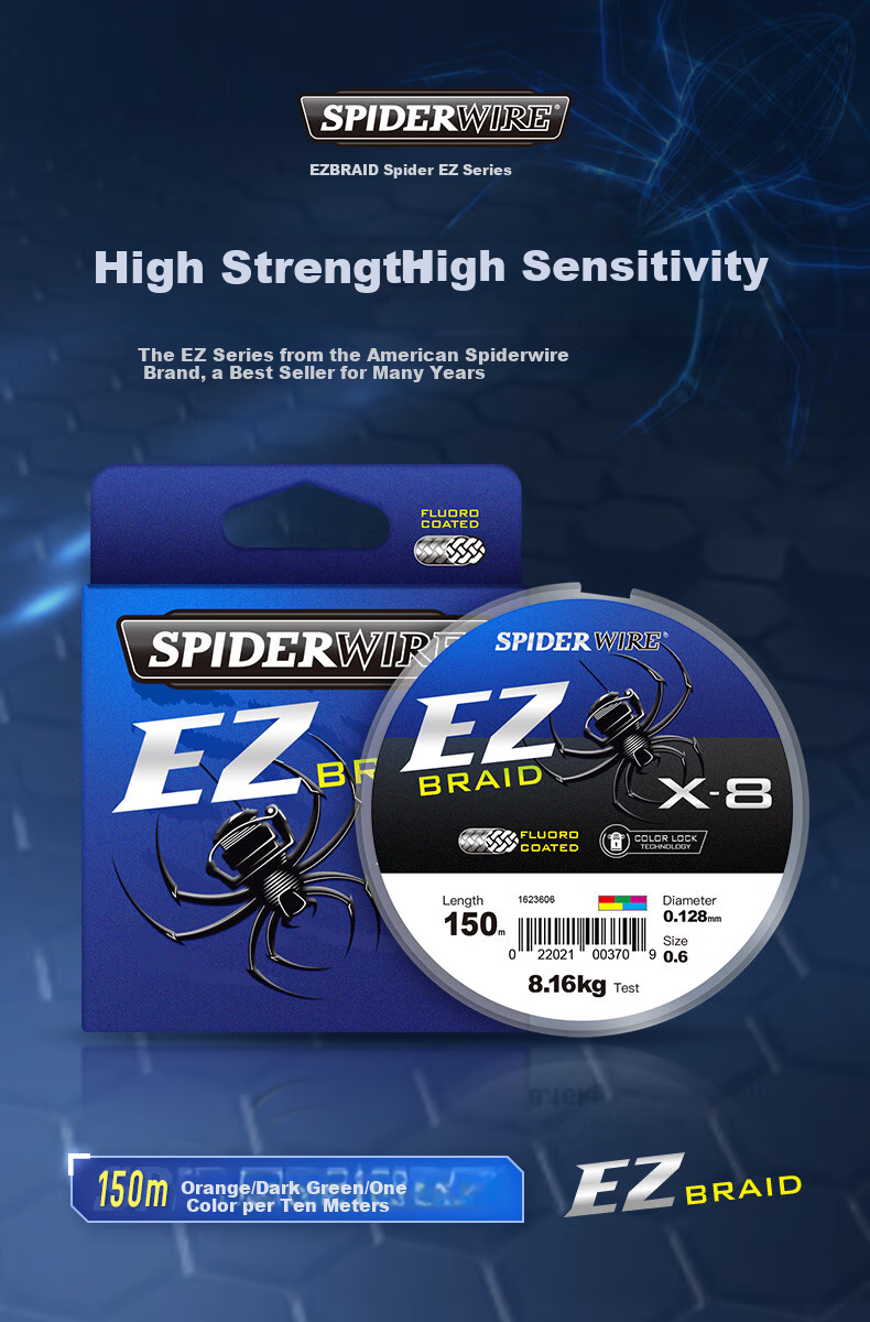 SPIDER WIRE 8-Strand PE Lure Main Line Dyneema Fishing Line Long Cast Braided Line 0.6# 150m Multi-Color per 10m 1