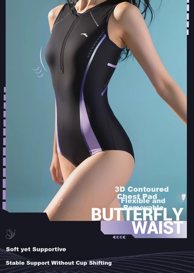 ANTA Slim Waist Women's One-Piece Swimsuit, Triangle Competitive Racing Swimwear, Slimming, Tummy Control, Quick-Dry Swimwear, Black And Silver, XL 8