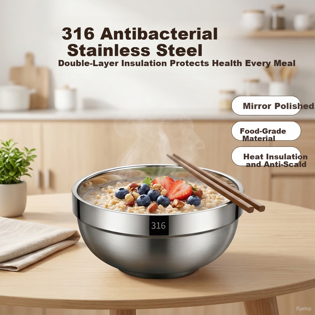 Caitang Smart 316 Stainless Steel Bowl Adult and Children Double-Layer Anti-Scald Soup Rice Noodle Bowl [11.5cm] Jingcang