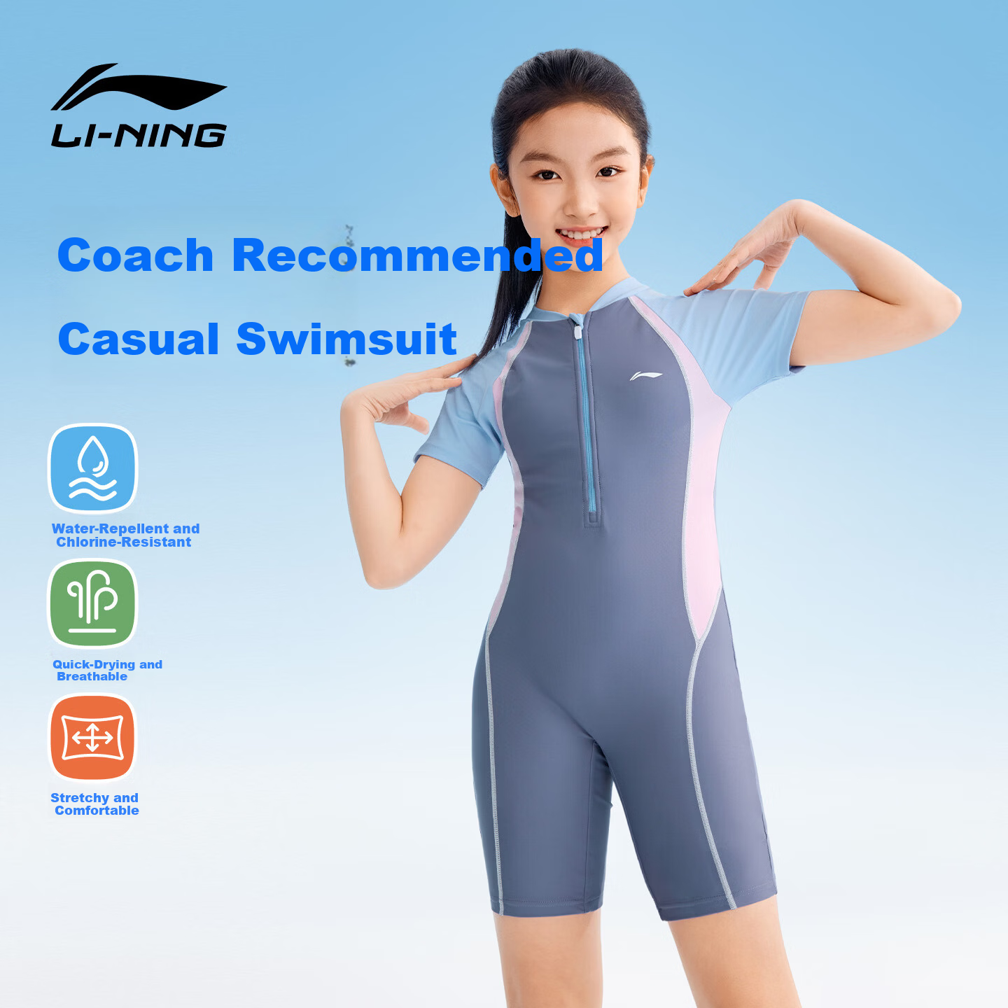 LI-NING Kids Girls One-Piece Swimsuit with Chest Pad Professional Training Swimwear for Middle and High School Students 2026 New Model