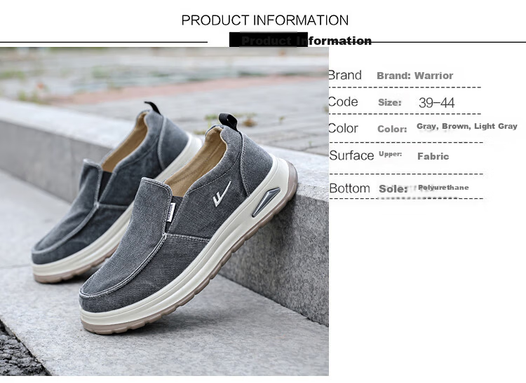 Warrior Men's Canvas Shoes Breathable Soft Sole Casual Slip-On Sneakers WXY(JS)-1845 Gray Size 39 2