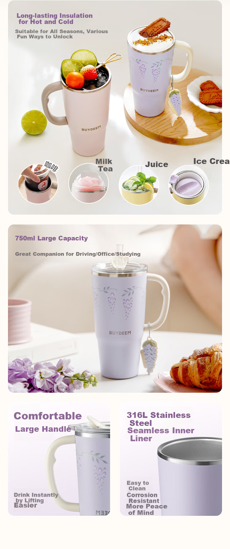 Buydeem Large Capacity Insulated Food Grade 316 Stainless Steel Water Bottle for Women and Men, Wisteria Series, Holiday Gift 7