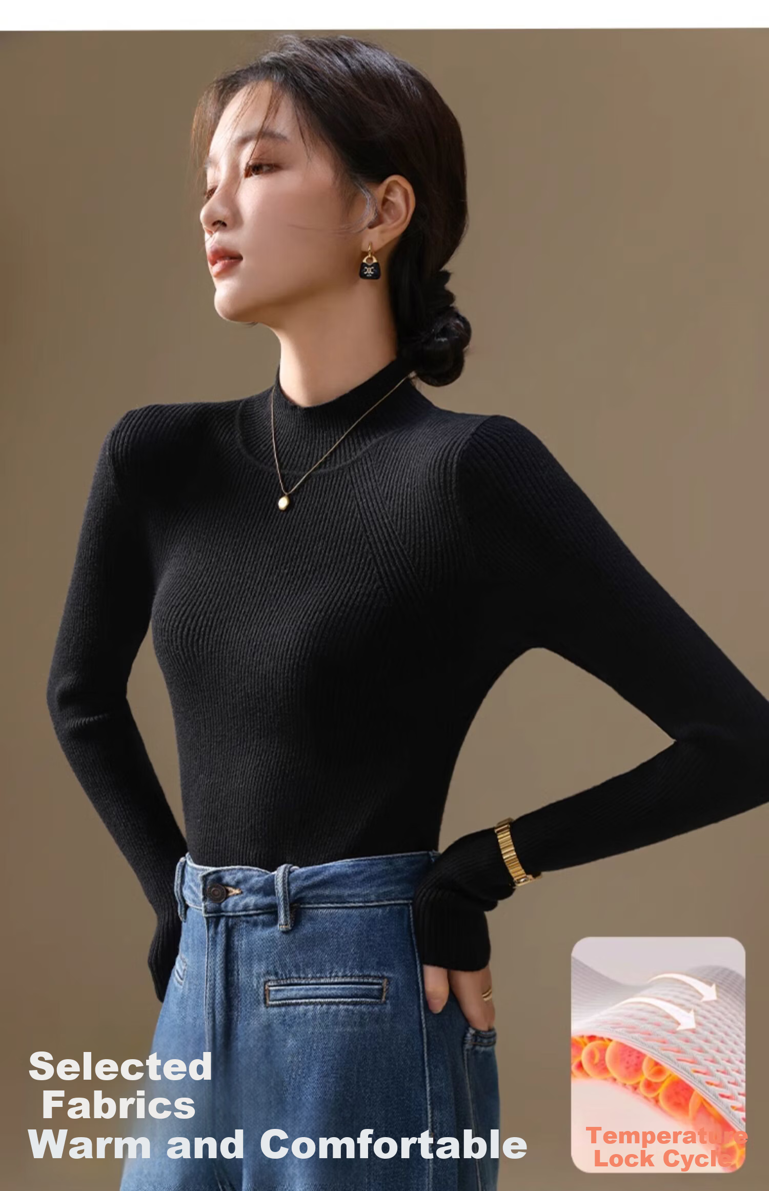 YUZHAOLIN Women's Half Turtleneck Knit Base Shirt Autumn Winter Inner Wear Little Chanel Style Sweater Black 13