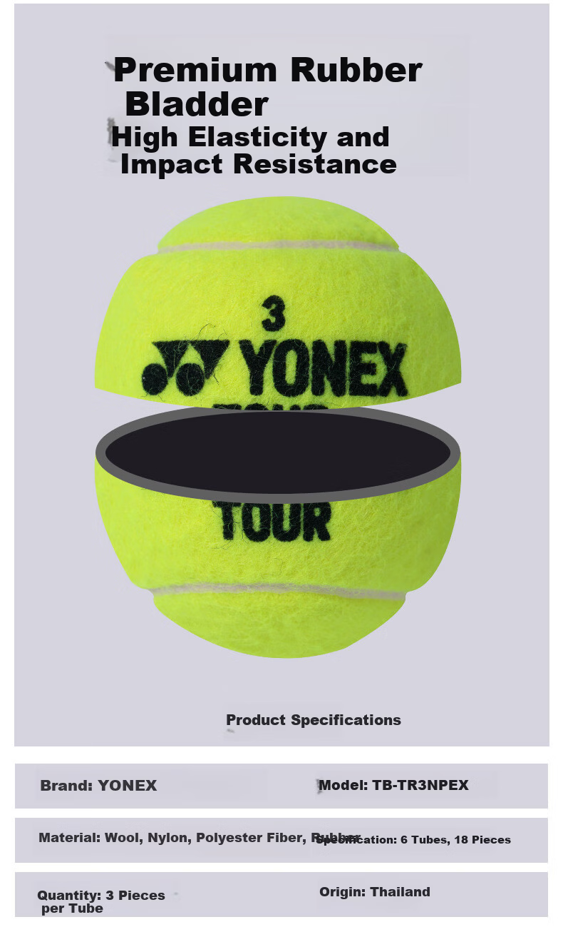 YONEX Tennis Professional High-Elastic Durable Pressure Ball TOURS3 Yellow 6 Cans 18 Balls 2