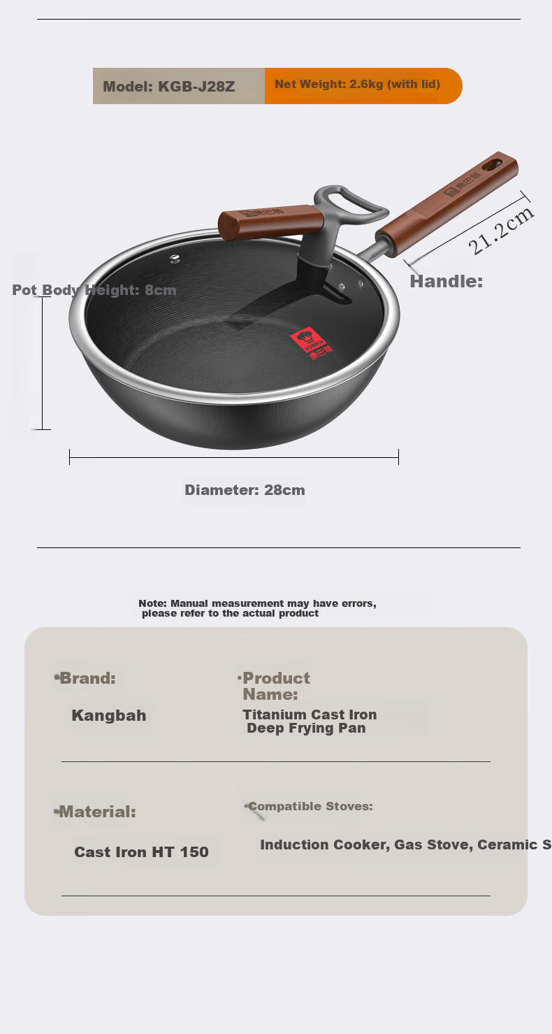 Kambach Titanium Cast Iron Frying Pan Non-Coated Skillet Seasoning-Free Egg Pan Steak Pan Breakfast Pan 26cm 6