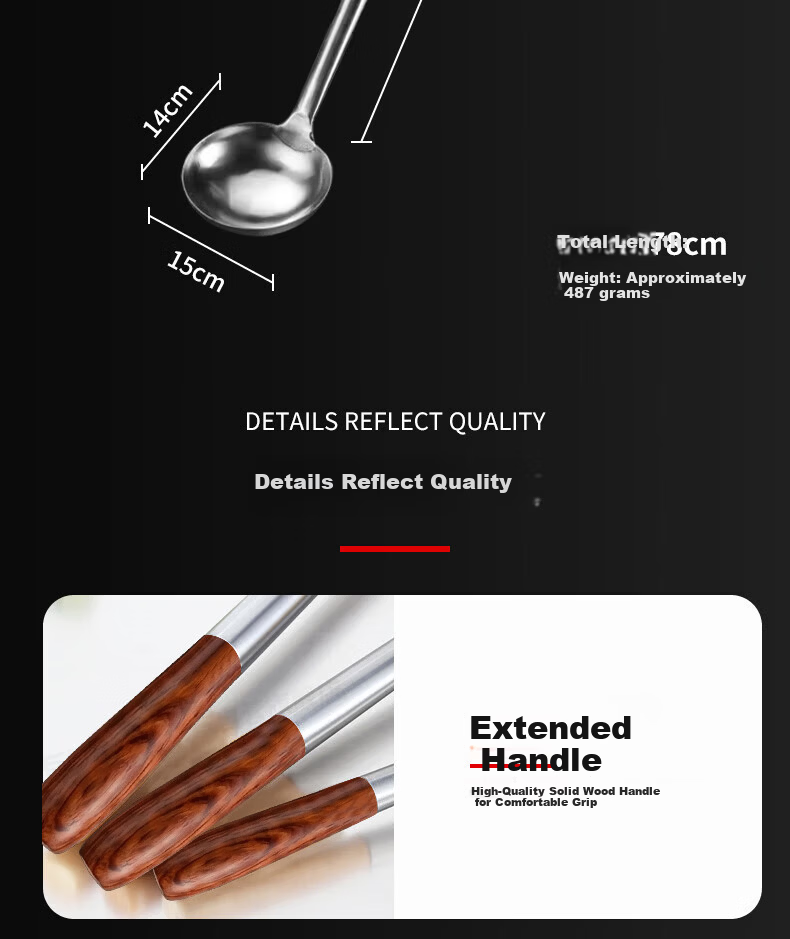 Jinwanfu Stainless Steel Commercial Cooking Wok Ladle Chef's Wooden Handle 8 Liang Hand Ladle 1 Piece 7