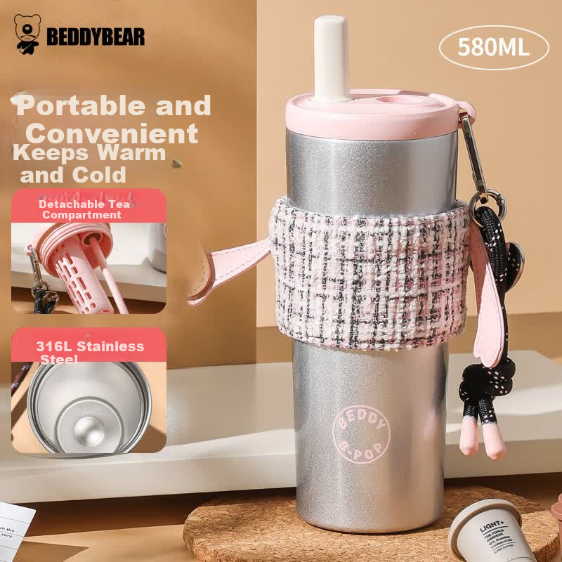 BEDDYBEAR Glowing Insulated Water Bottle for Women High-Value Portable Straw Cup Coffee Tea Student Cup 580ML Galaxy