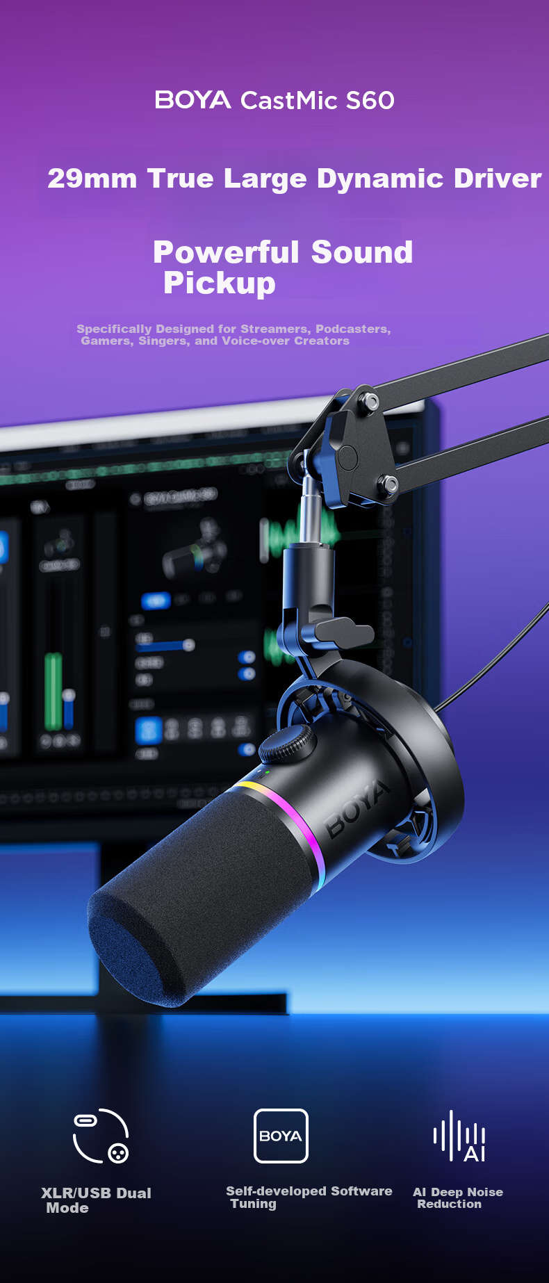 BOYA S60 Computer Microphone Desktop Mic Streaming Gaming Microphone KTV Dubbing Recording Noise-Cancelling Dynamic Microphone with Software Tuning 1