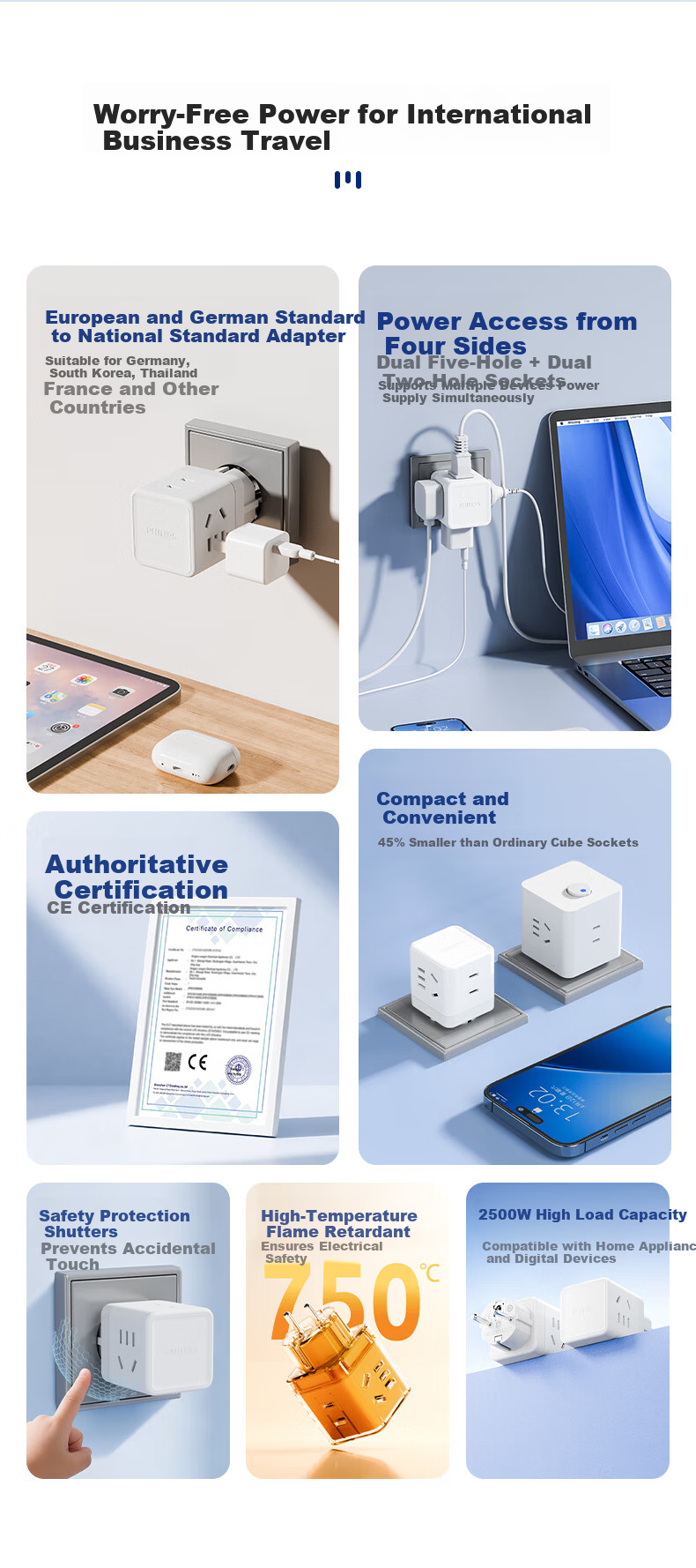 PHILIPS European Standard Cube Plug/Travel Socket/One-to-Multi 4-Port/Socket Adapter/Overseas Study/Europe Germany France Korea Seoul Jeju Island Finland Iceland 2