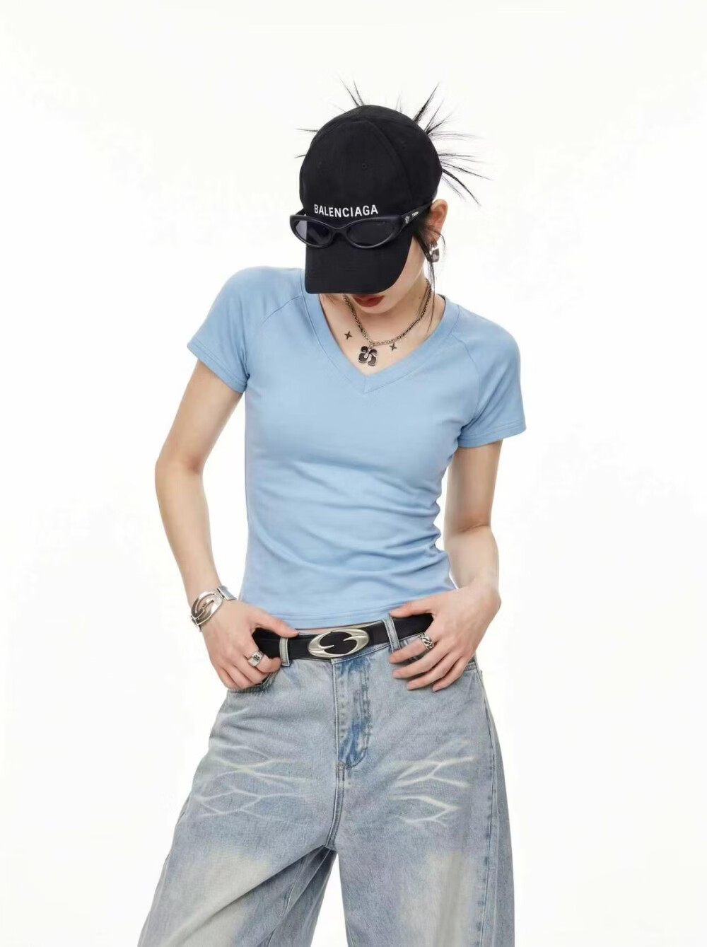 ICH MODE American Slim Fit V-Neck Shoulder Short Sleeve T-Shirt Women Summer New Slim Short Hot Girl Half Sleeve Top Dark Gray M 10