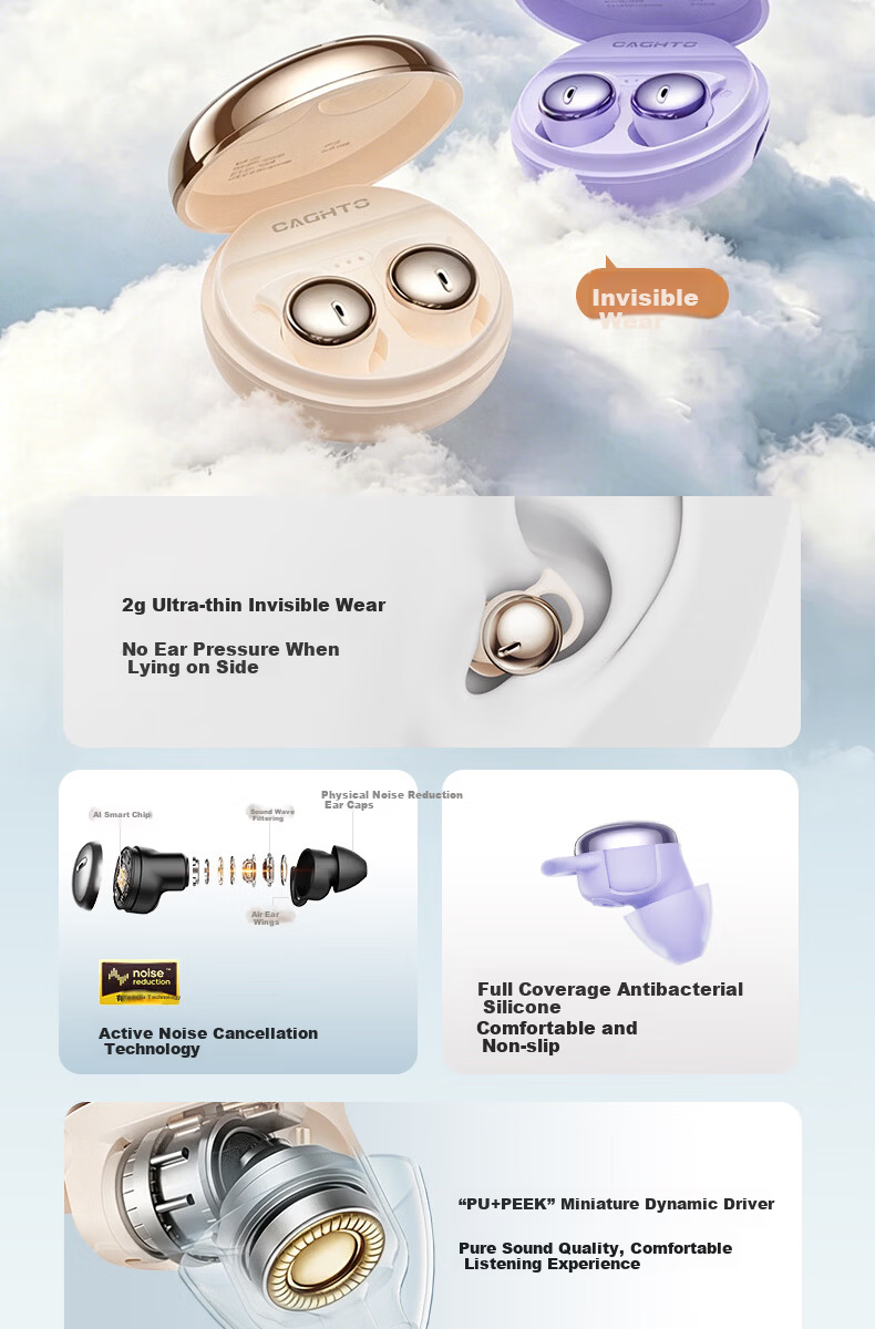 Chengao Sleep Headphones Deep Sleep Pod Bluetooth Earphones Wireless Noise-Cancelling Sleep Earplugs Invisible Compact Side-Sleeping Compatible S6 Purple 6