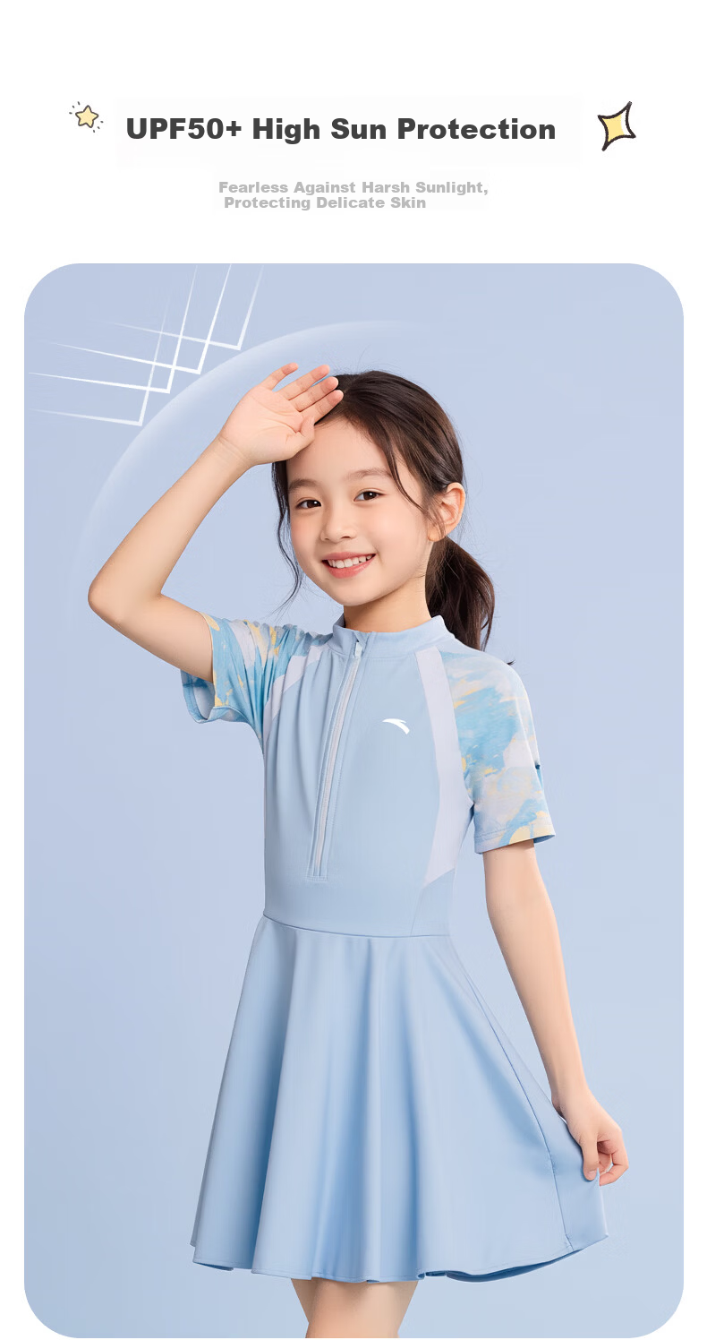 ANTA Kids Girls 2026 New One-Piece Skirted Swimsuit UV Protection Chlorine Resistant Quick-Dry Children's Swimwear 6