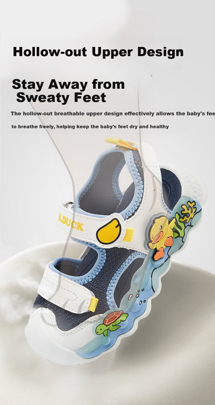 B.Duck Kids Yellow Duck Children's Sandals Summer Boys Girls Closed-Toe Anti-Collision Beach Light-Up Shoes 3907 White Purple Size 25 3