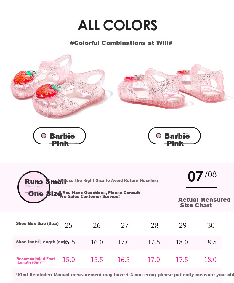Barbie Kids Girls Summer Closed-Toe Jelly Sandals Outdoor Non-Slip Velcro DA7232 Pink Size 25 7