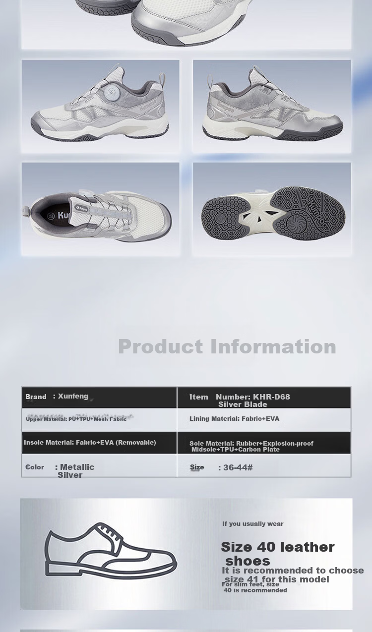KUMPOO Badminton Shoes, Yinren D68, Unisex, Shock-Absorbing, Non-Slip, Breathable, Xunfeng Button Sneakers, Silver, Size 40 7