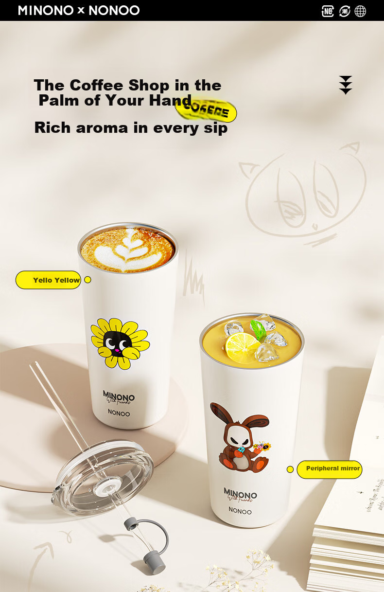 HAERS Straw Insulated Coffee Cup Cute Portable Office Car Water Bottle Yellow 500ml 5