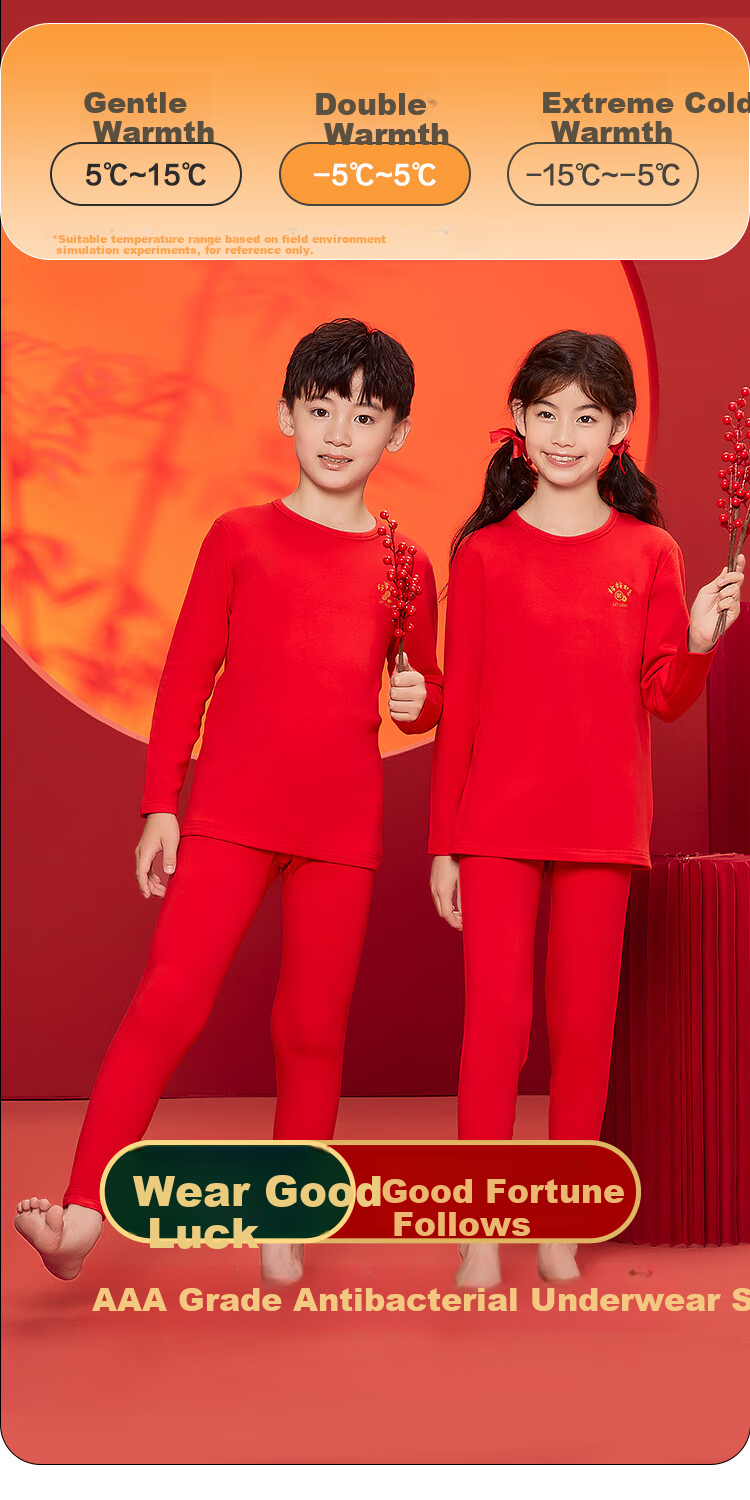 Hodohome Children's Thermal Underwear Girls Red New Year Lucky Autumn Shirt and Pants 3A Antibacterial Festival Outfit 300 170 1