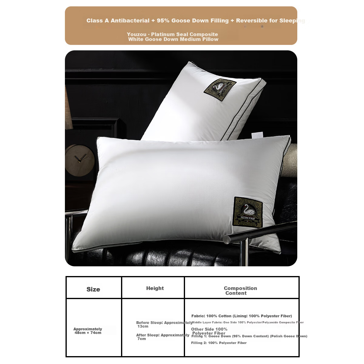 Mercury Home Textiles Pillow 95% White Goose Down Pillow Five-Star Hotel Down Pillow 120-Thread Count Class A Neck Support Cervical Pillow Single