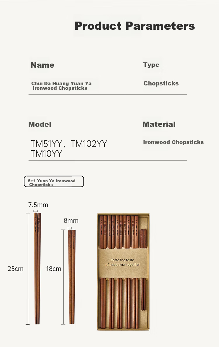 COOKER KING Chicken Wing Wood Chopsticks, Unvarnished And Unwaxed High-Quality Wooden Chopsticks, 5 Pairs Family Set, Fast Solid Wood Round Chopsticks 16