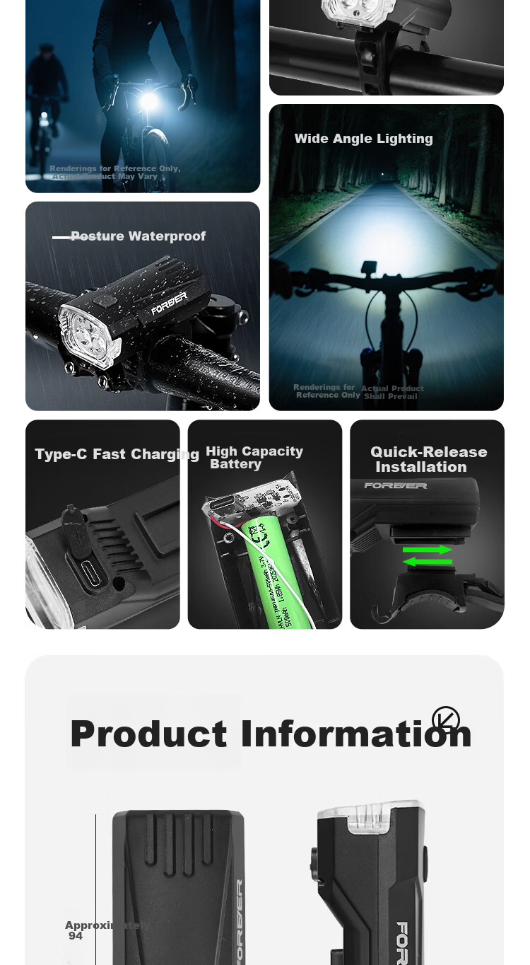 Forever Night Rider High-Power LED Flashlight Triple Light Super Bright 155° Floodlight German Standard Front Bike Light Dual LED Bulbs 2