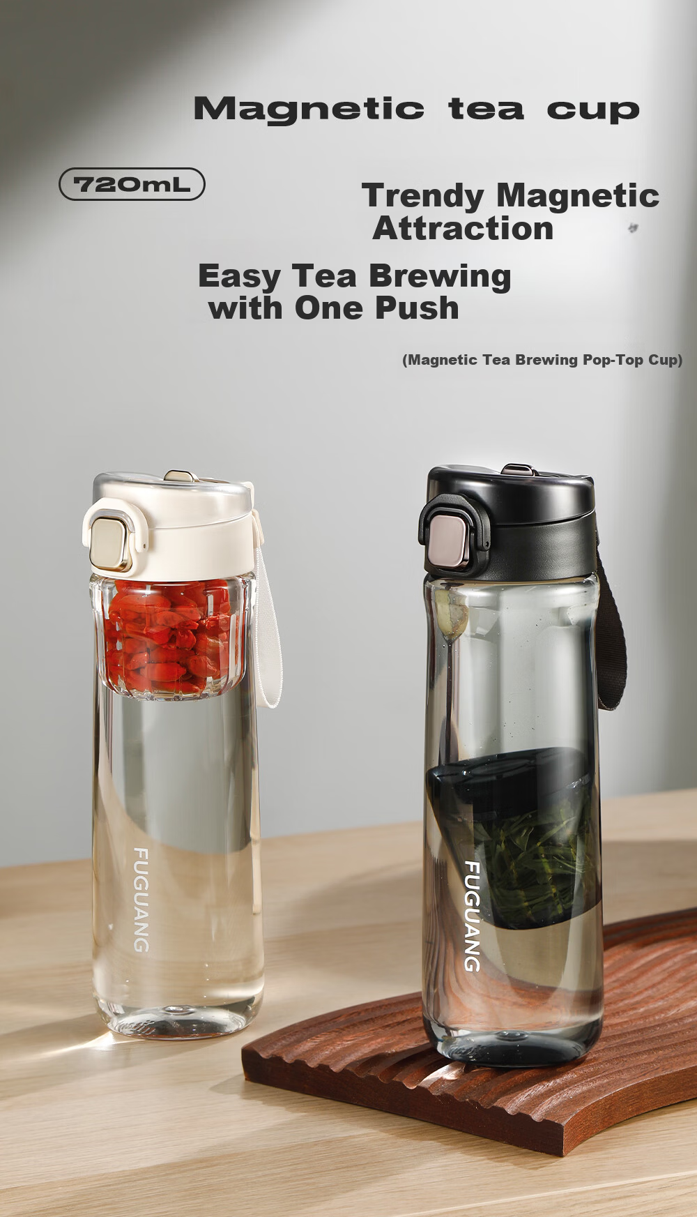 Fuguang One-Click Pop-Top Magnetic Tea Infuser Cup PPSU Material Tea-Water Separation Plastic Water Bottle Black 2