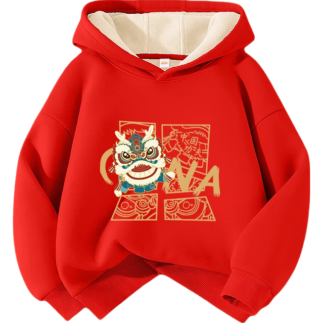 Baleno Boys Red Fleece Lined Hoodie Winter Sweatshirt Kids New Year Clothing Big Kids Lunar New Year Top