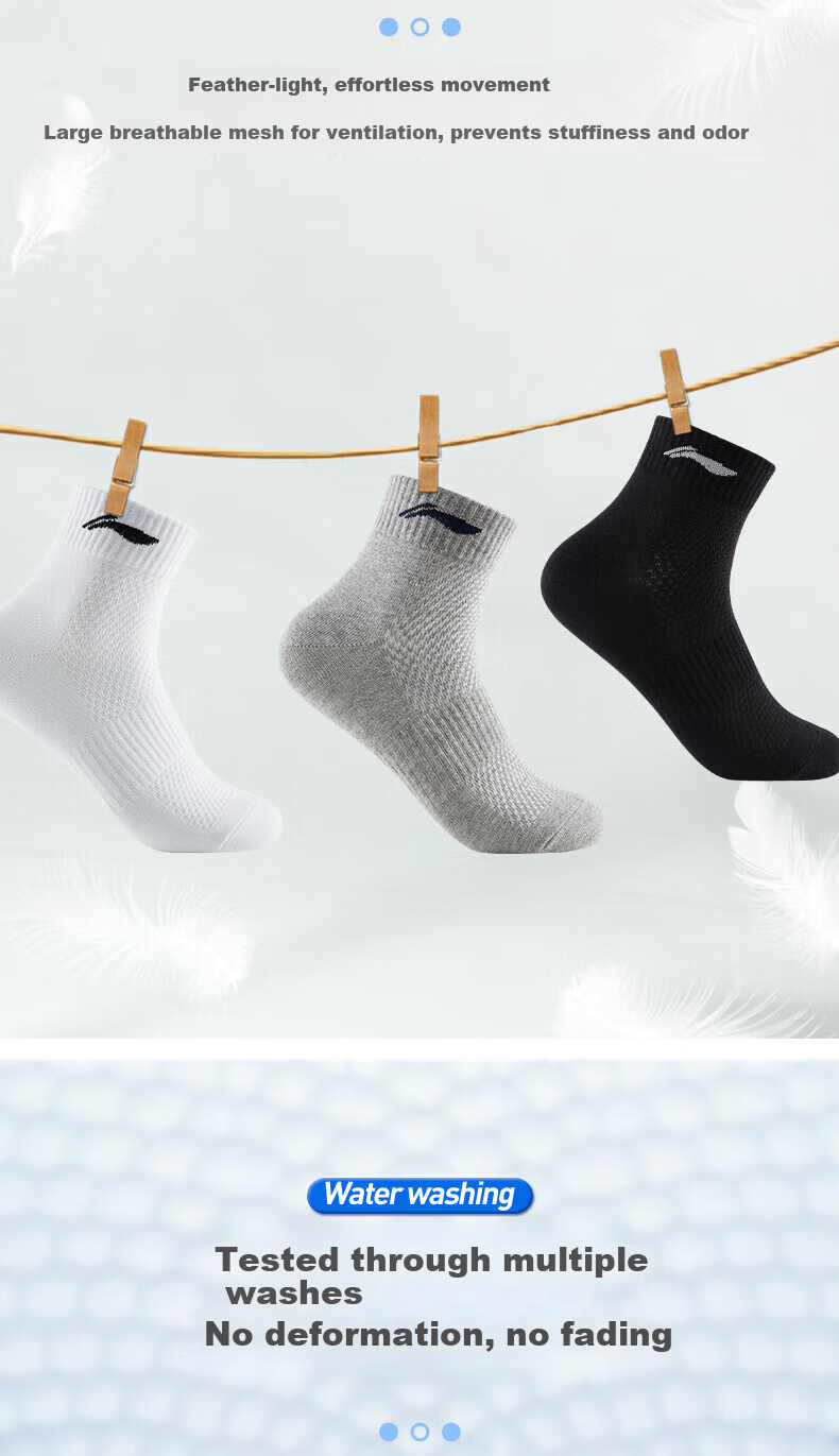LI-NING Socks (3 Pairs) Sports Socks Yoga Socks All-Season Antibacterial Durable Running Socks Cotton Socks Black White Gray 8