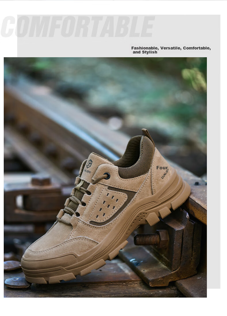 Dunlishi Steel Toe Safety Shoes Men Anti-Smash Anti-Puncture Work Shoes Women Comfortable Durable Protective Construction Shoes 0052 Khaki All-Season Size 37 4