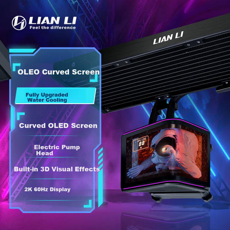 LIANLI Lian Li Hidden Flow 2nd Gen All-in-One Liquid CPU Cooler Inverted Water Cooling Tube TL Edition - Black Curved OLED Screen/360mm Liquid Cooling/With TL FLEX Fans