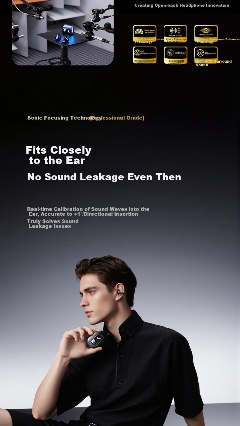 Chuangu 2026 Latest 2.5D Smart Screen Bluetooth Bone Conduction Earphones Top 10 Concept Open-Ear Wireless Ear Clips Large Battery Long Battery Life for Running 12